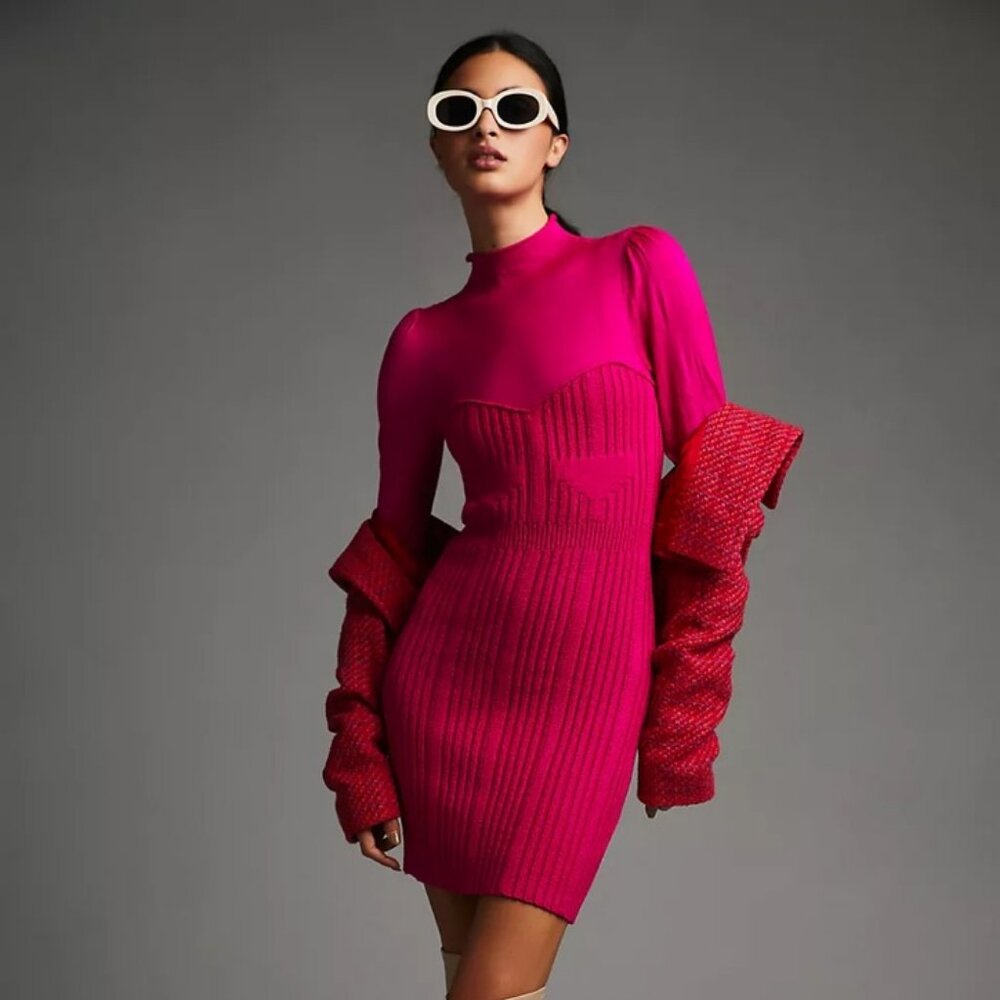 $160 NWT Anthropologie Turtleneck Sweater Dress Rose Pink Large
